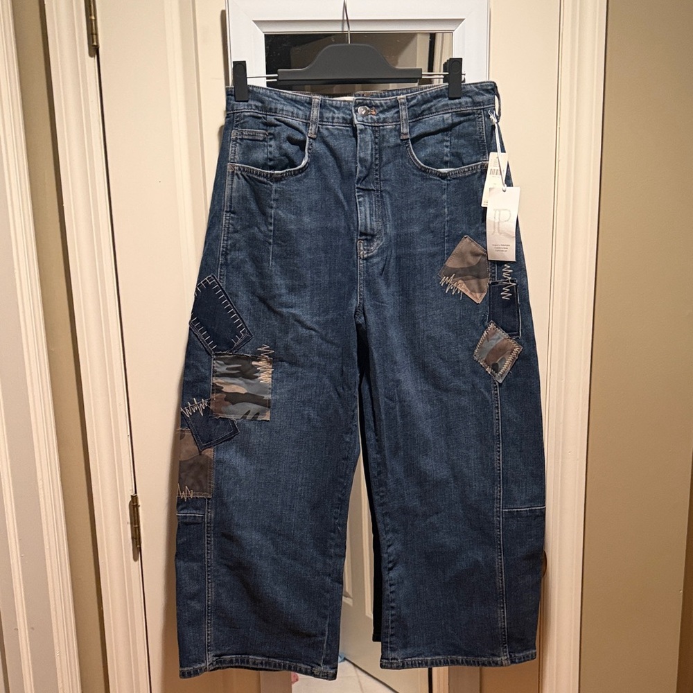 NWT Anthropologie Pilcro Kenna Mid Rise Heritage  Blue Camo Patch Barrel Jeans - Picture 7 of 13